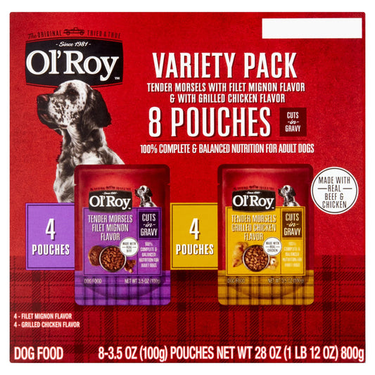 (2 Pack) Ol' Roy Tender Morsels Filet Mignon and Grilled Chicken Cuts in Gravy Variety Pack, 3.5 Oz Pouches (8 Pack)